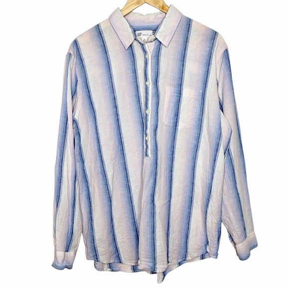 GAP Tops - Gap Linen Cotton Shirt Blue Pink Striped Womens XL Nautical Preppy Fisherman